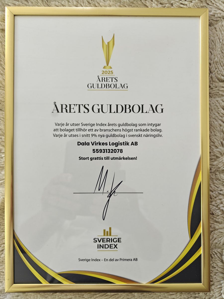 Årets Guldbolag 2025 – Dala Virkes Logistik AB diplom från Sverige Index