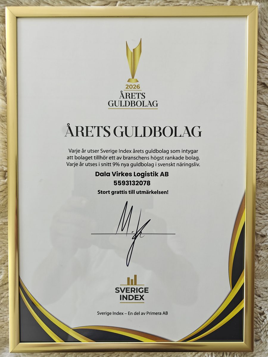 Årets Guldbolag 2026 – Dala Virkes Logistik AB diplom från Sverige Index