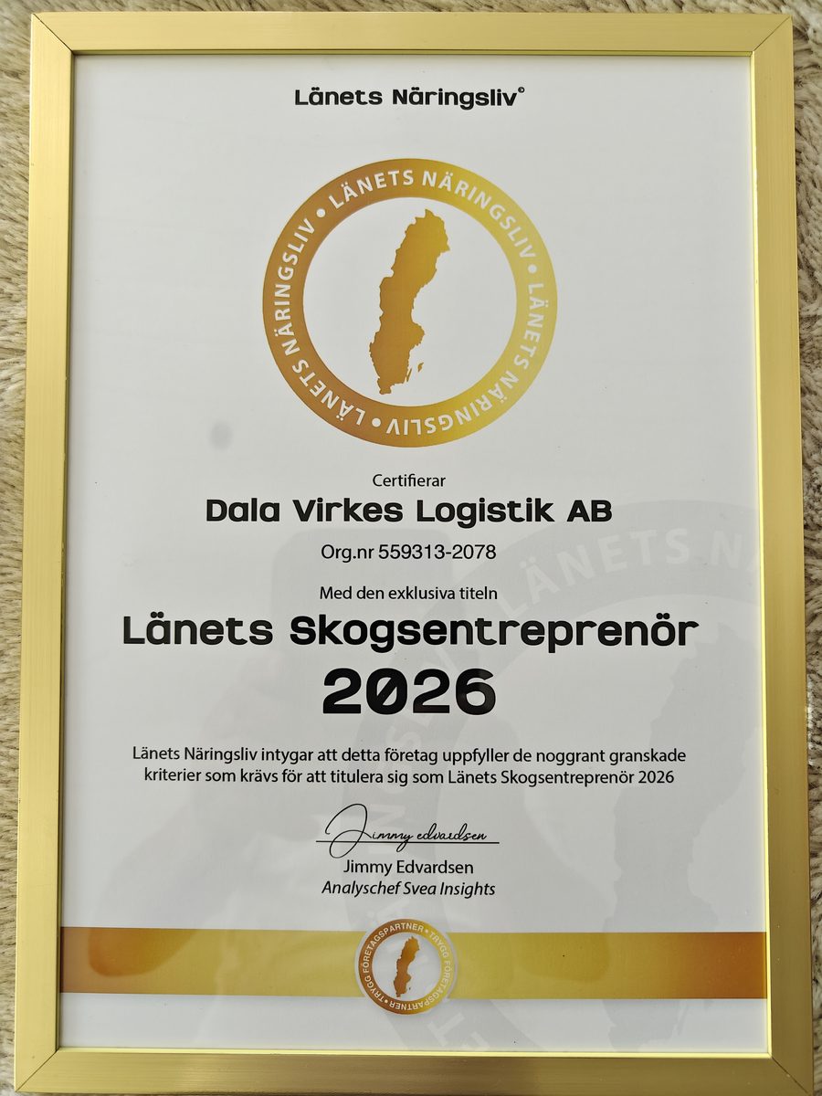 Länets Skogsentreprenör 2026 – Dala Virkes Logistik AB certifikat från Länets Näringsliv